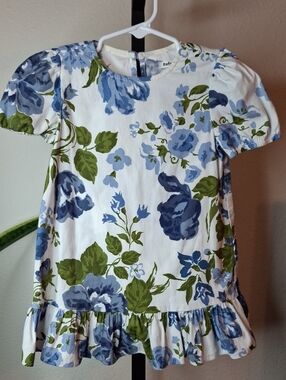 Reformation White Blue and Green Floral Ruffle Hem Dress - Girls